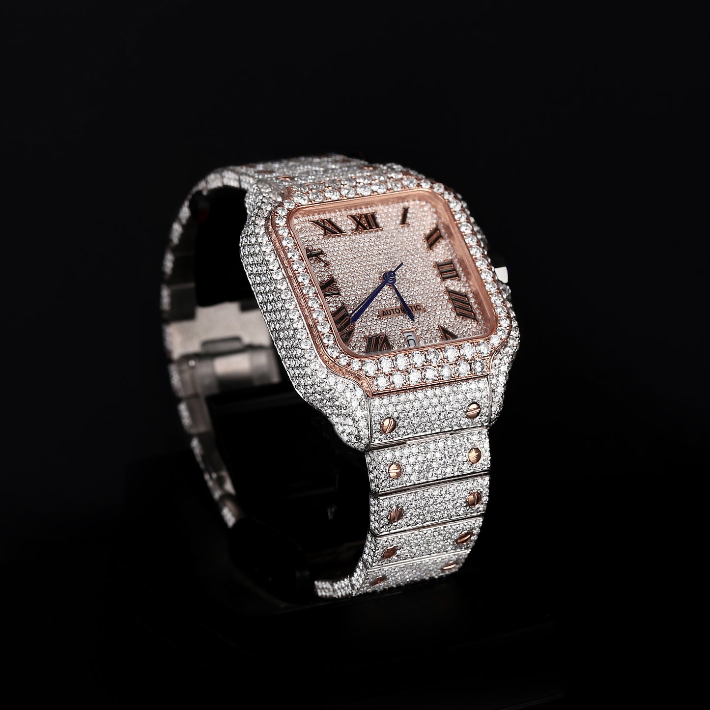 mens hip hop style watch with white and rose tone and detailed roman dial