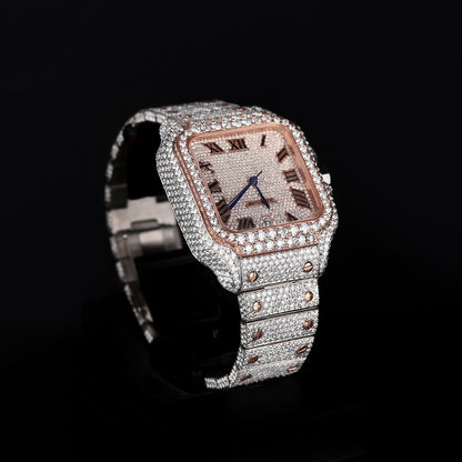 mens hip hop style watch with white and rose tone and detailed roman dial