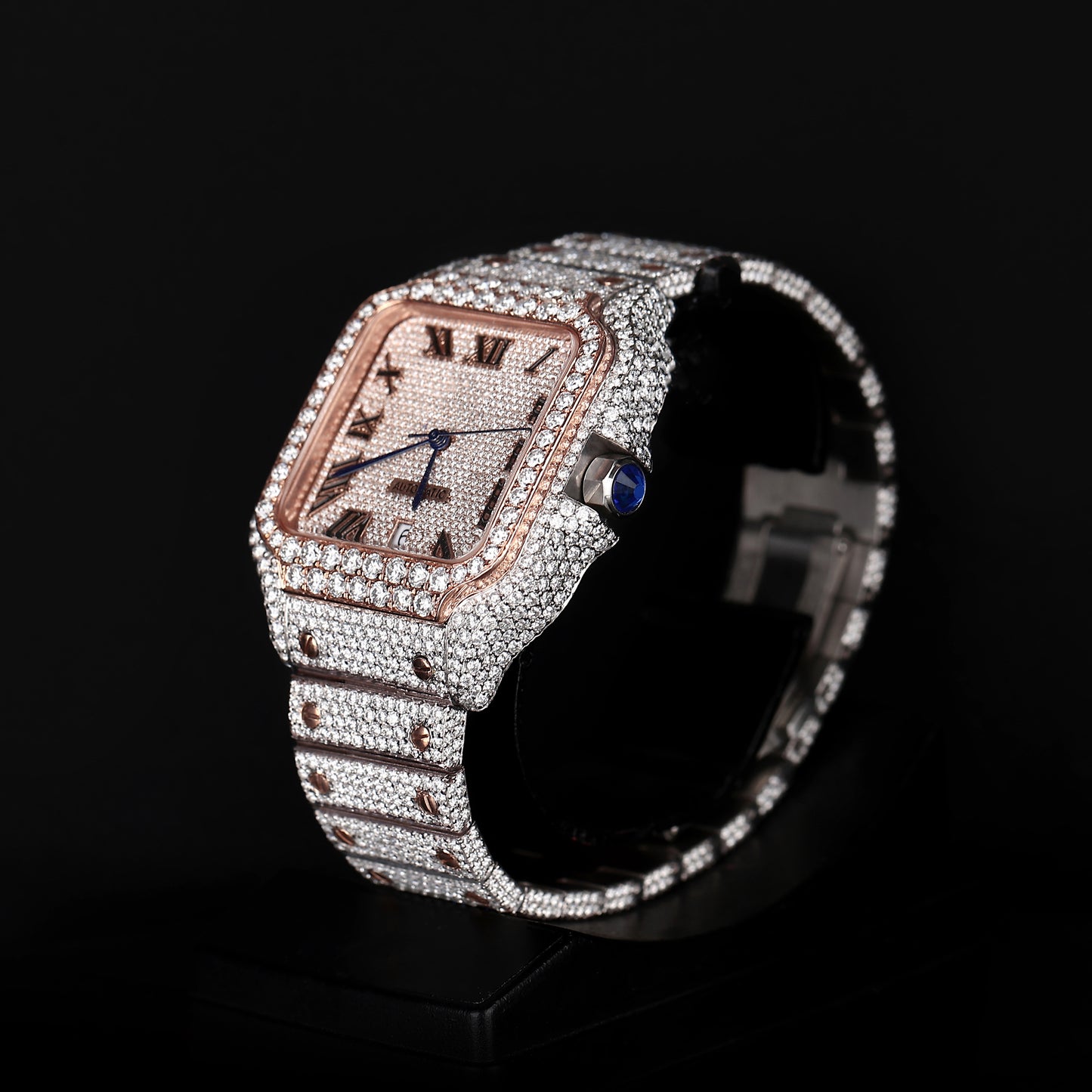 automatic iced out watch with diamond style stones and strong luxury look