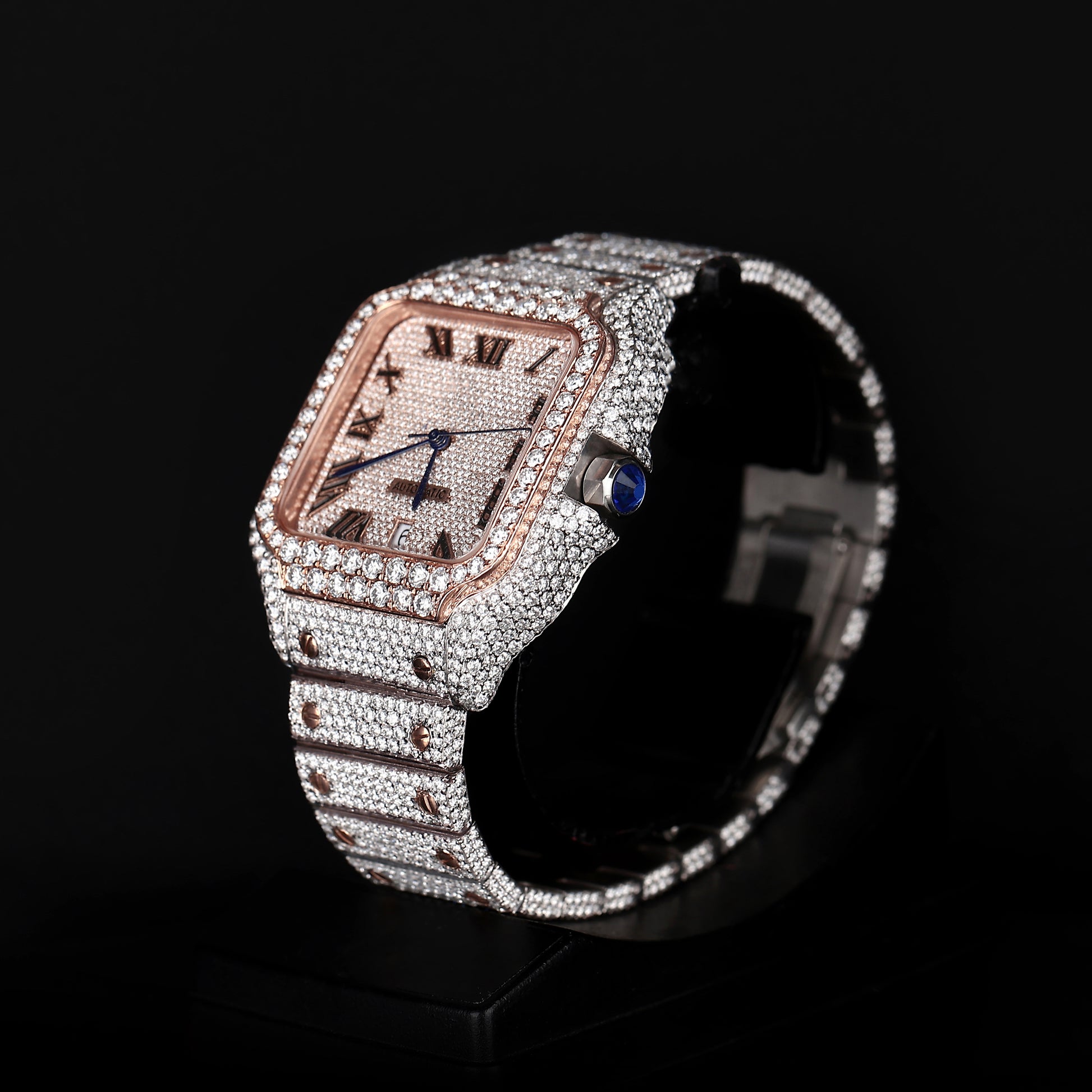 automatic iced out watch with diamond style stones and strong luxury look