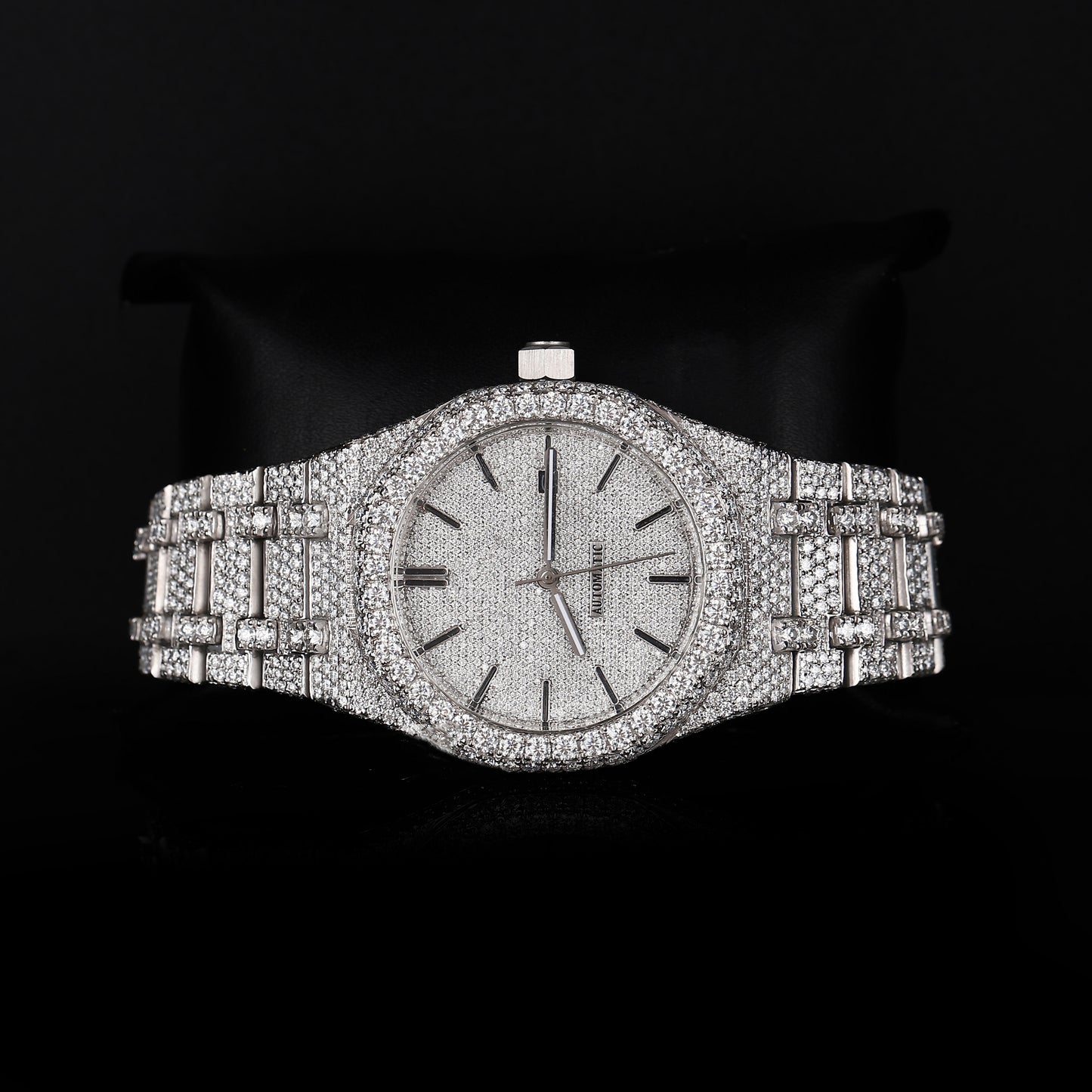 premium moissanite watch with round face and fully iced bracelet design