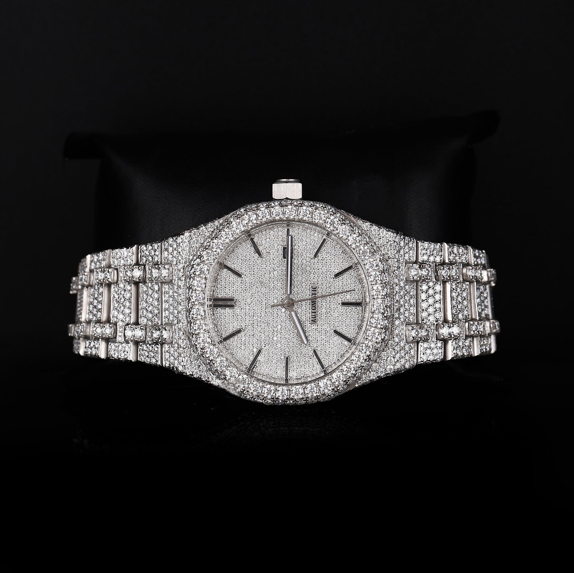 premium moissanite watch with round face and fully iced bracelet design