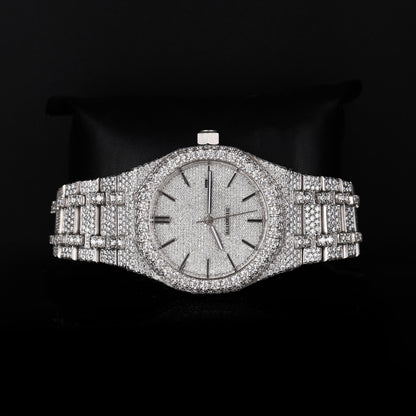 premium moissanite watch with round face and fully iced bracelet design