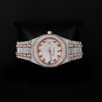 automatic luxury watch with full iced bracelet and round dial close up