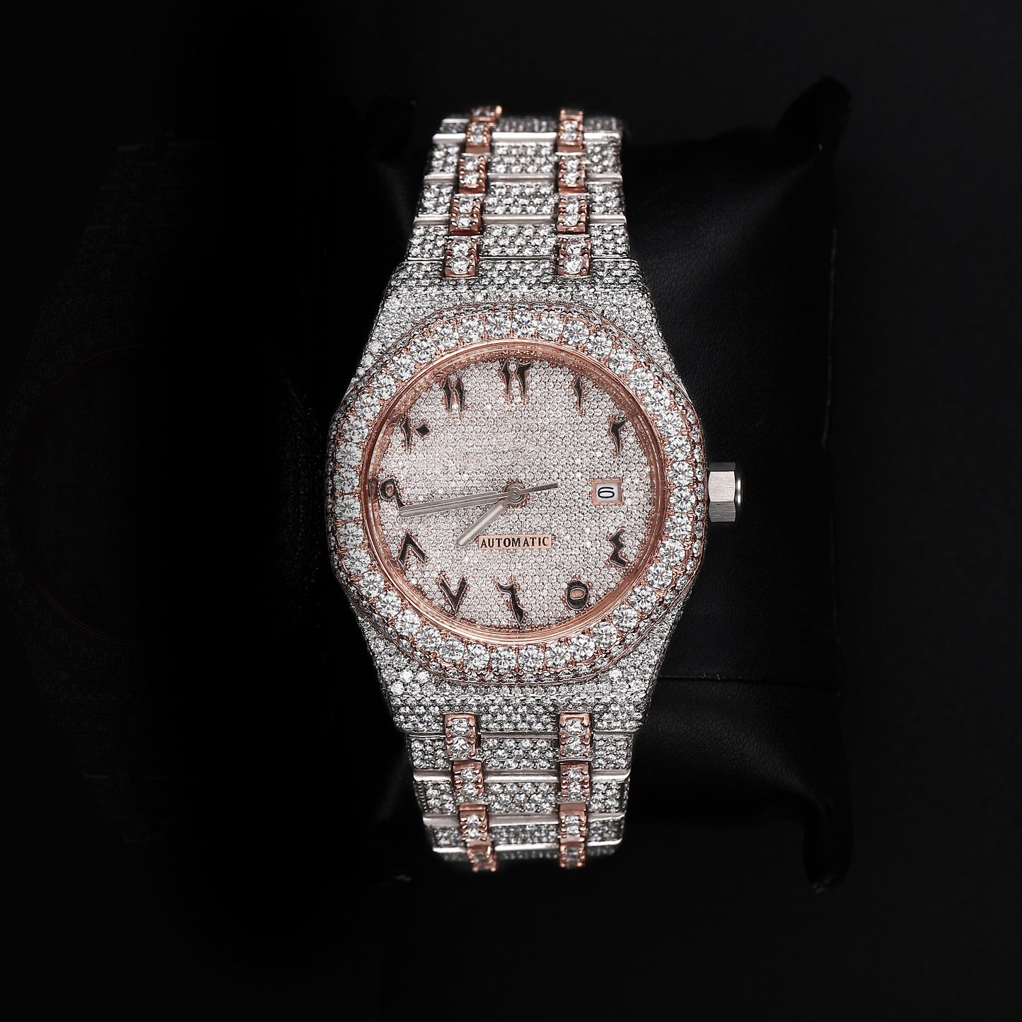 white and rose tone iced out watch with round dial and full diamond shine luxury style