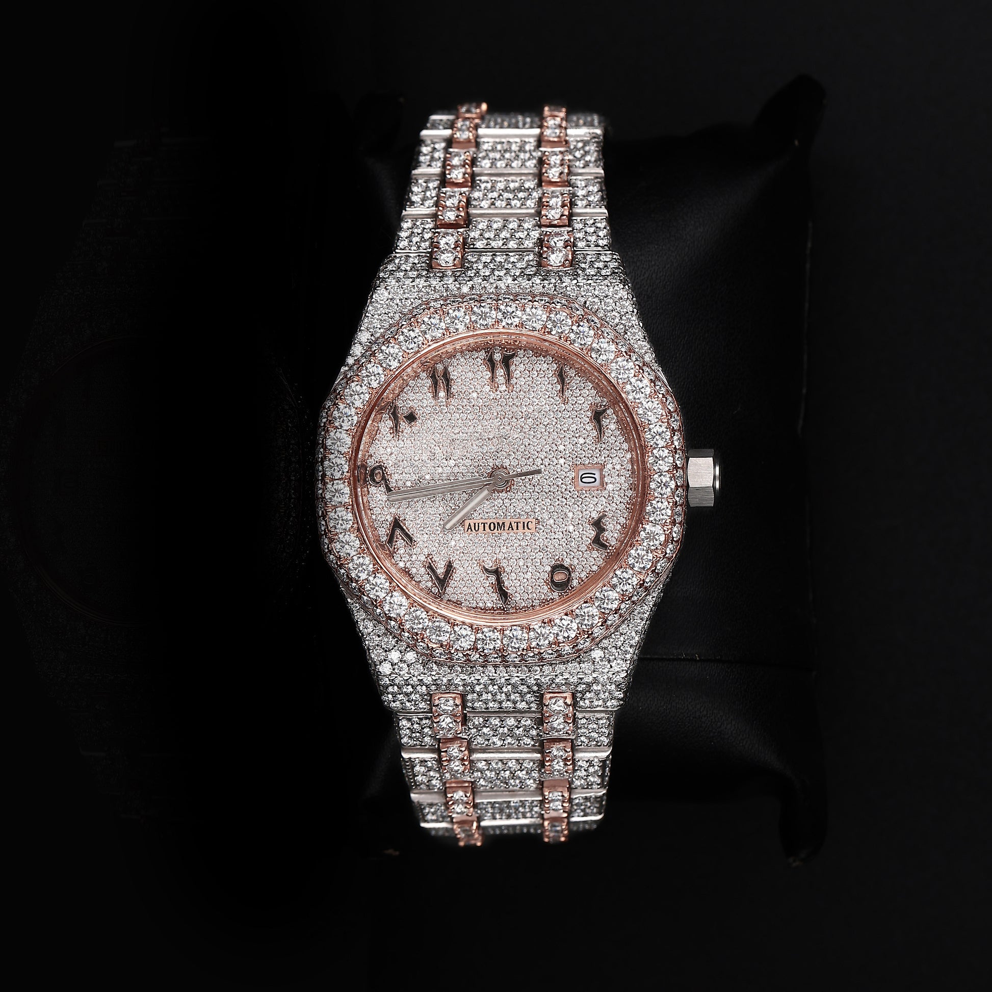 white and rose tone iced out watch with round dial and full diamond shine luxury style