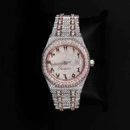 white and rose tone iced out watch with round dial and full diamond shine luxury style
