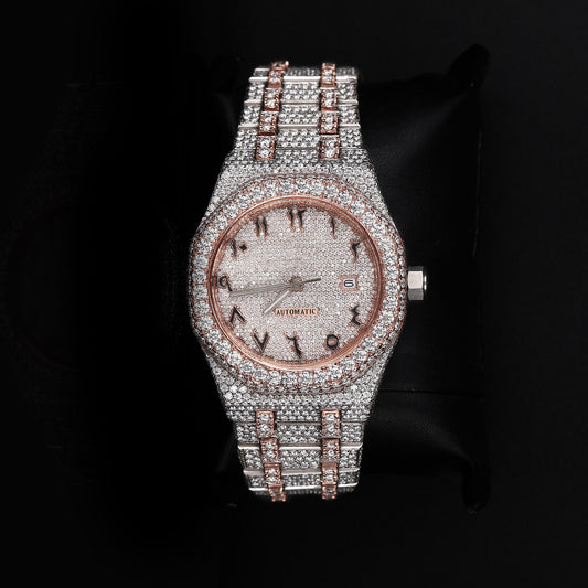 white and rose tone iced out watch with round dial and full diamond shine luxury style