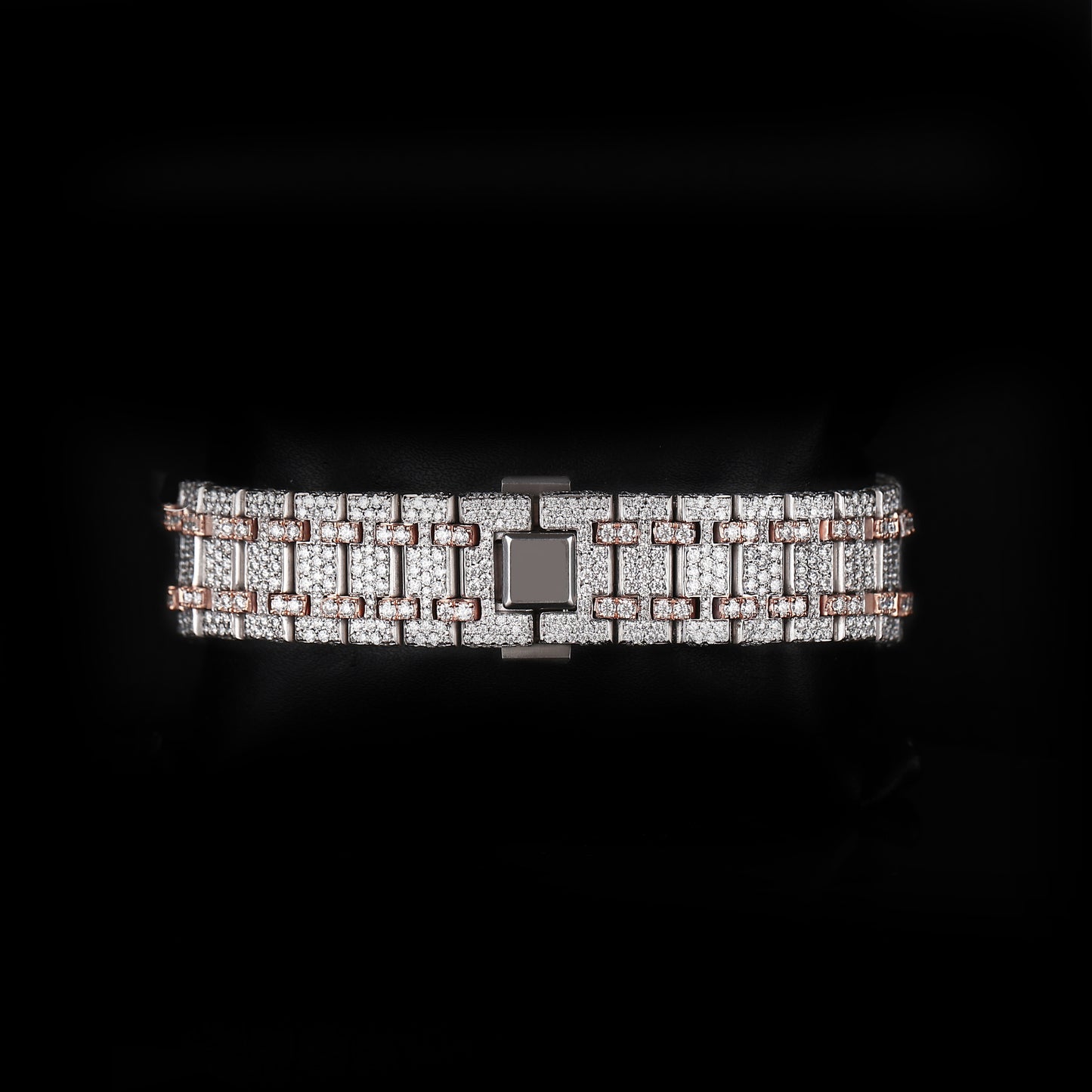 white and rose tone wristwatch with diamond style stones and premium finish