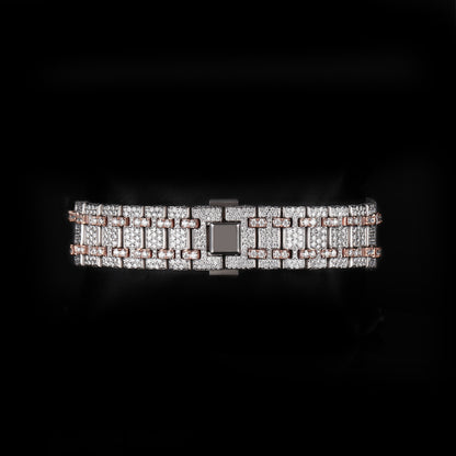 white and rose tone wristwatch with diamond style stones and premium finish