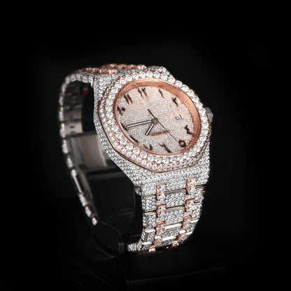mens hip hop style iced out watch with rose tone bezel and strong shine finish