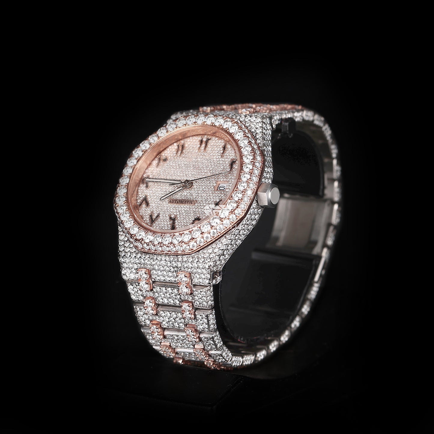 premium moissanite watch with round face and white rose iced out design