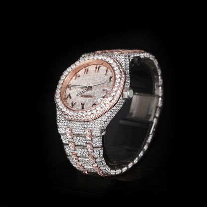 premium moissanite watch with round face and white rose iced out design