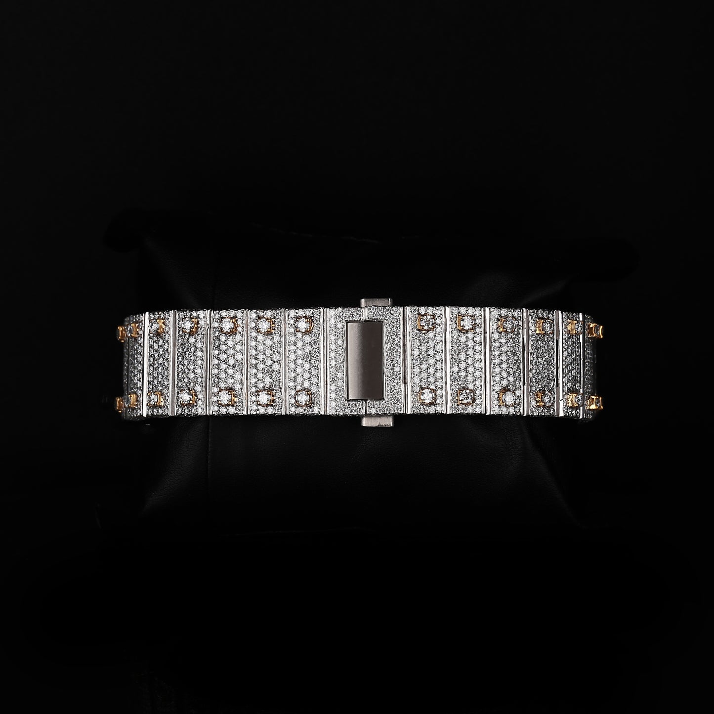 premium white and yellow wristwatch with diamond style stones and square dial