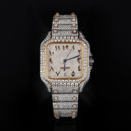 white and yellow iced out watch with arabic numeral dial and full diamond shine