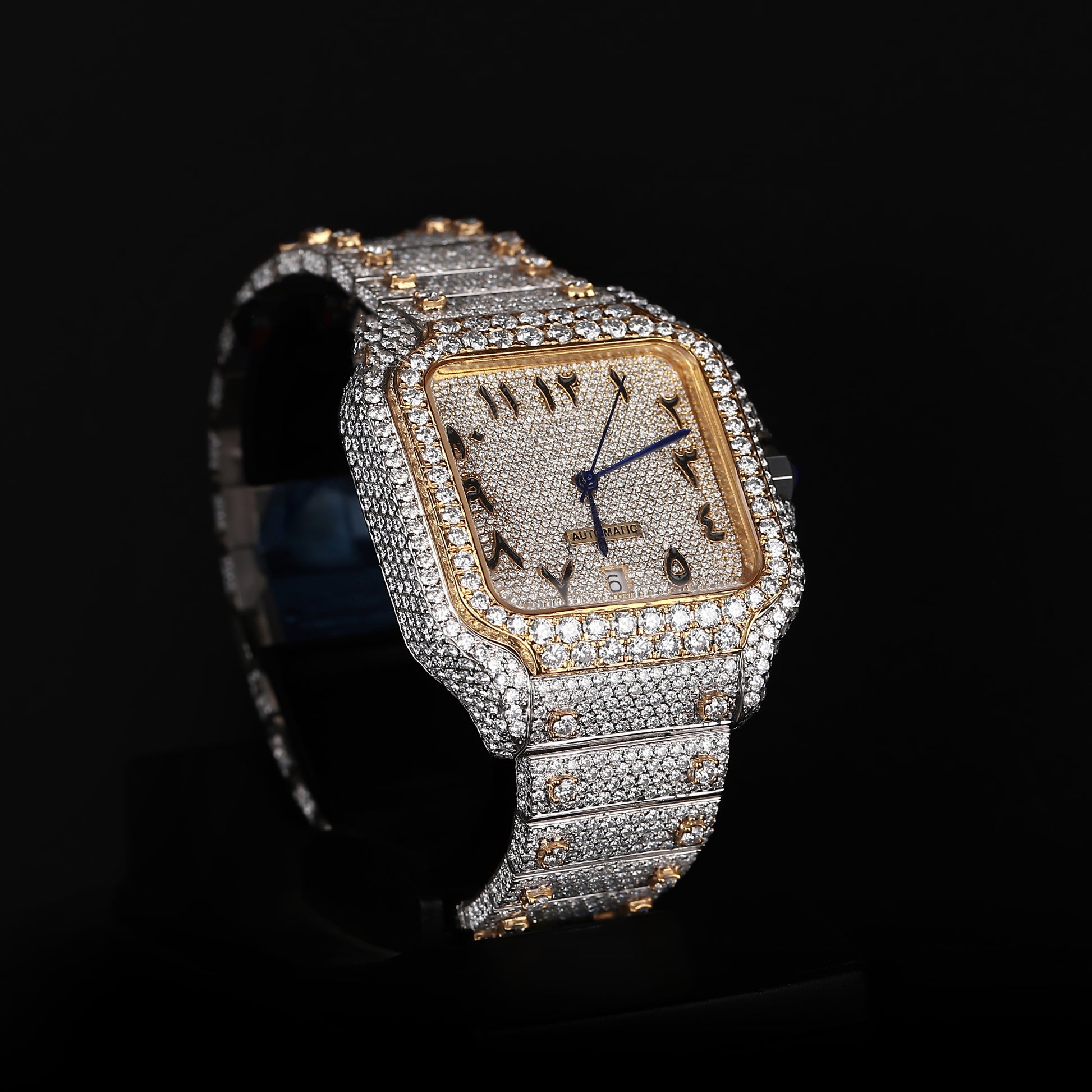 mens hip hop style iced out watch with arabic numbers and strong shine finish