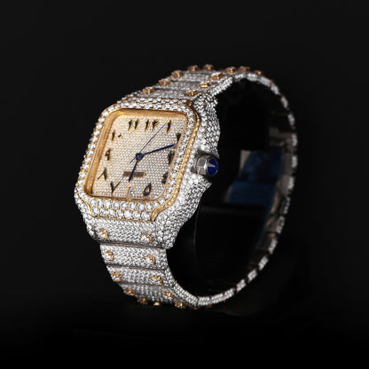 automatic luxury watch with full iced bracelet and arabic dial detail close up