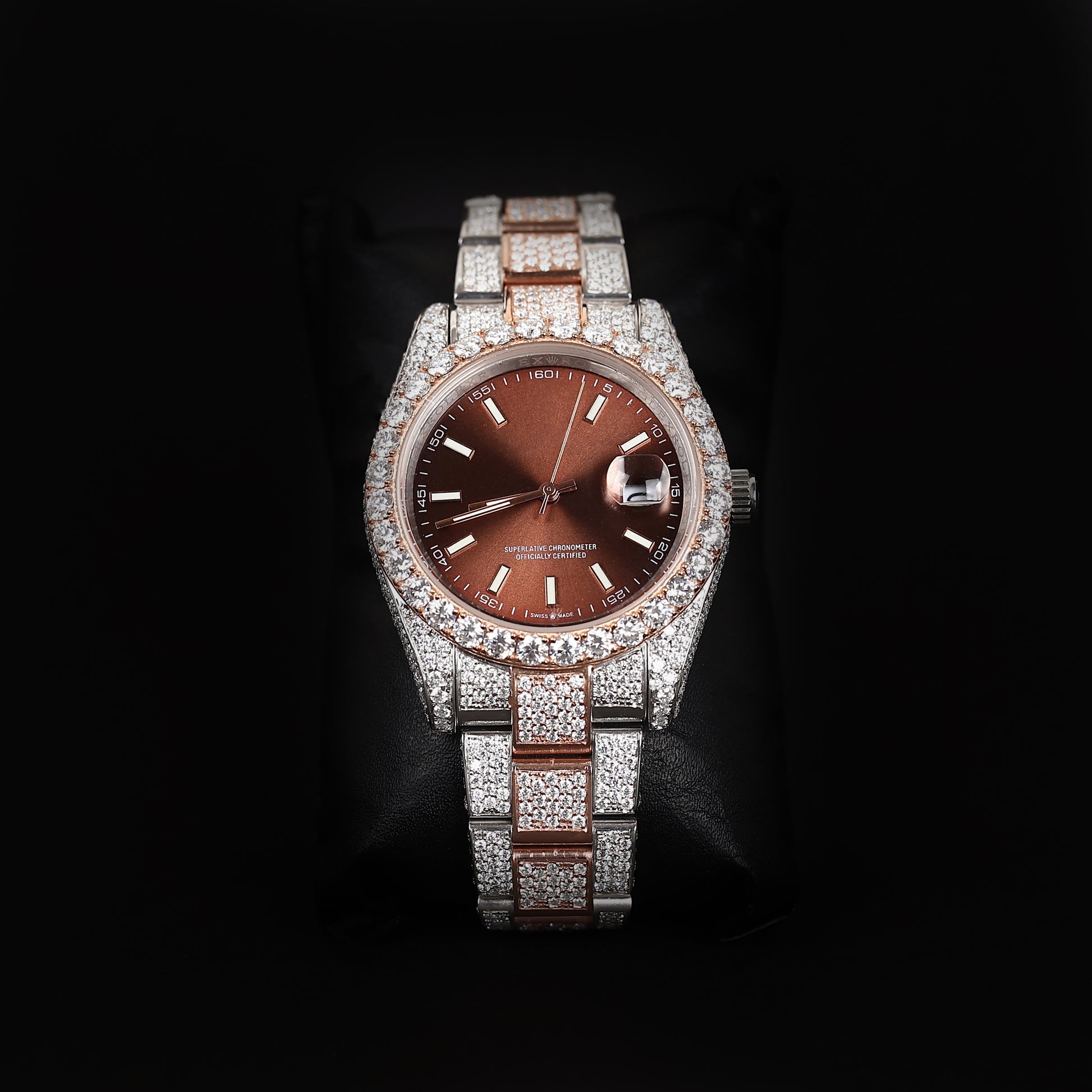 luxury iced two tone watch with brown dial and diamond bezel