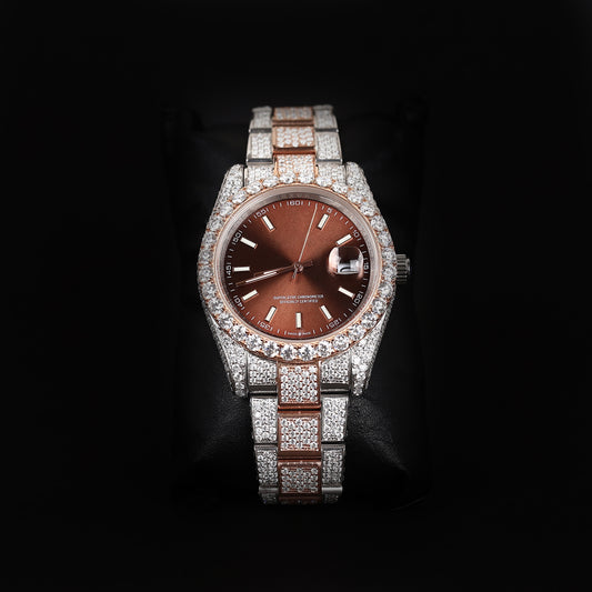 luxury iced two tone watch with brown dial and diamond bezel