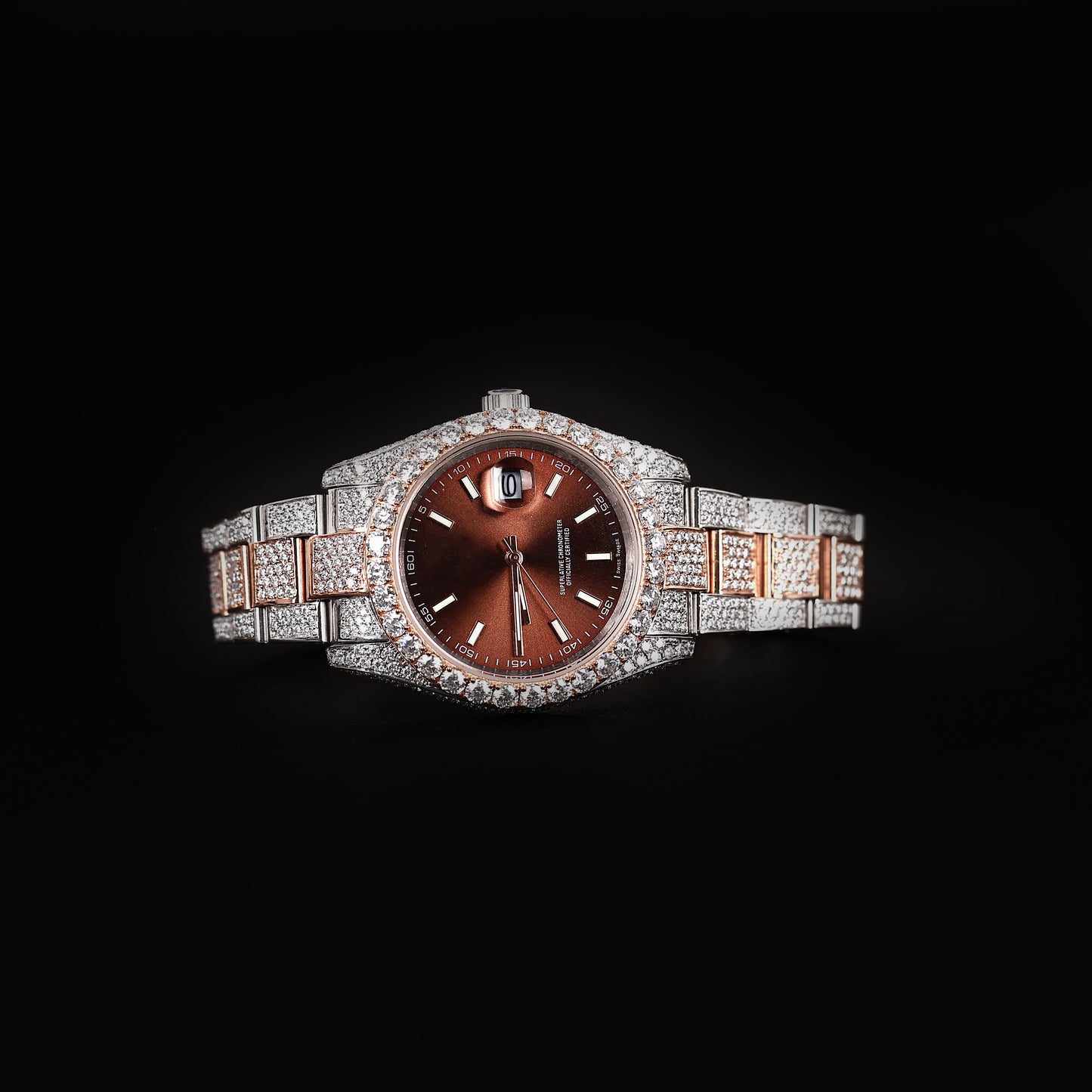 premium diamond watch with brown face and stainless steel bracelet