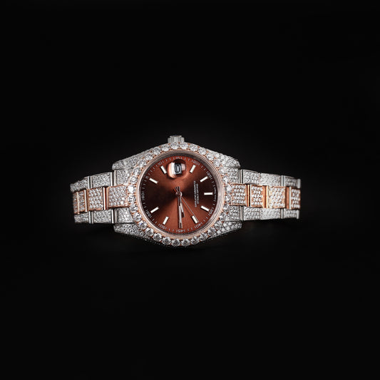 premium diamond watch with brown face and stainless steel bracelet