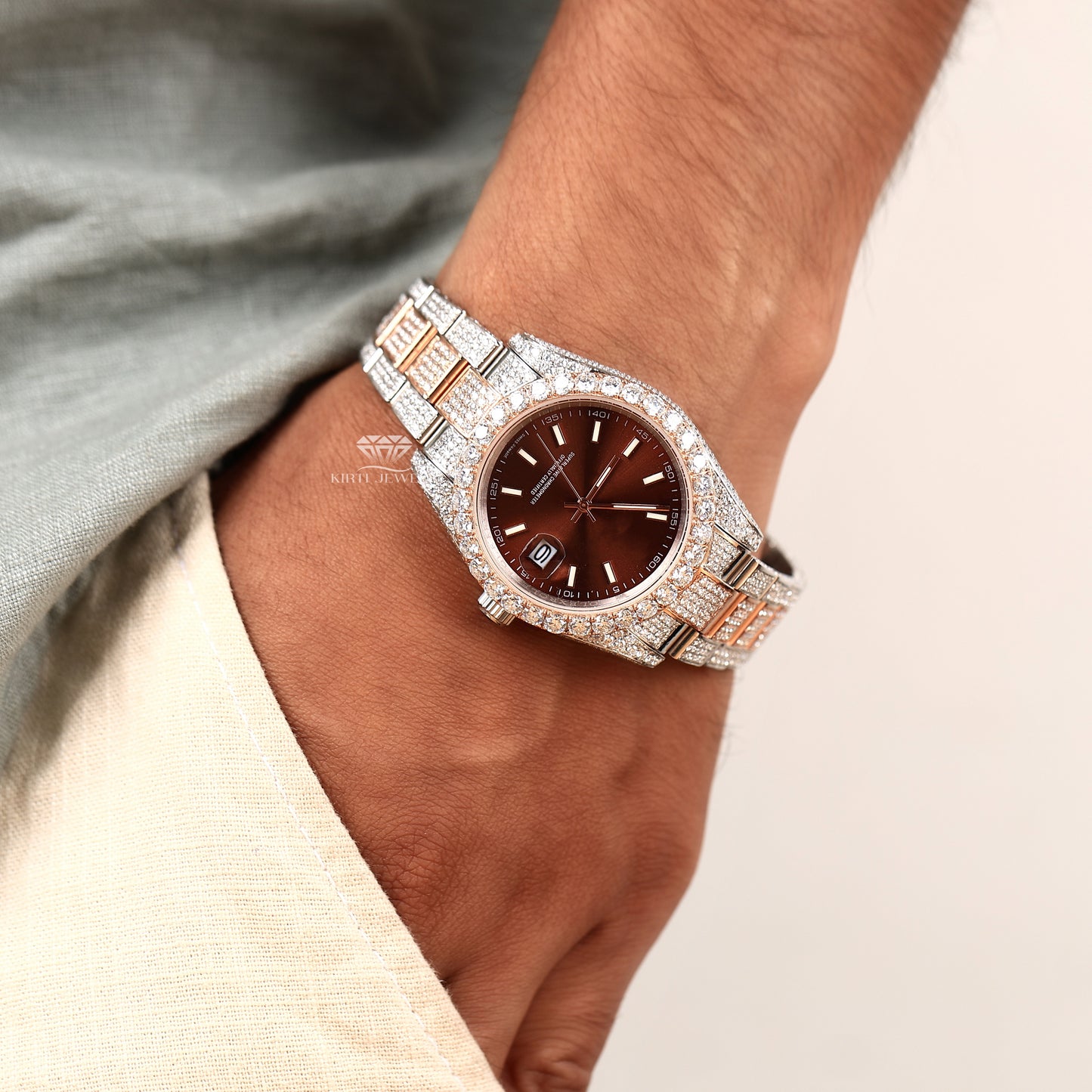 high end wristwatch with diamond setting and two tone design