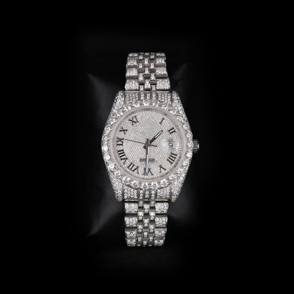 white iced out watch with roman numeral dial and full diamond shine luxury style