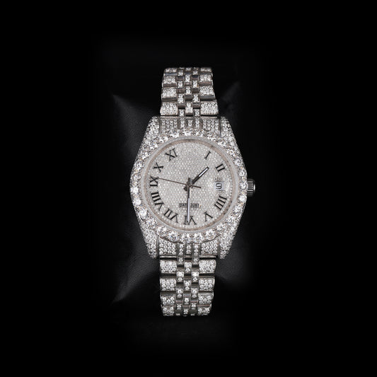 white iced out watch with roman numeral dial and full diamond shine luxury style