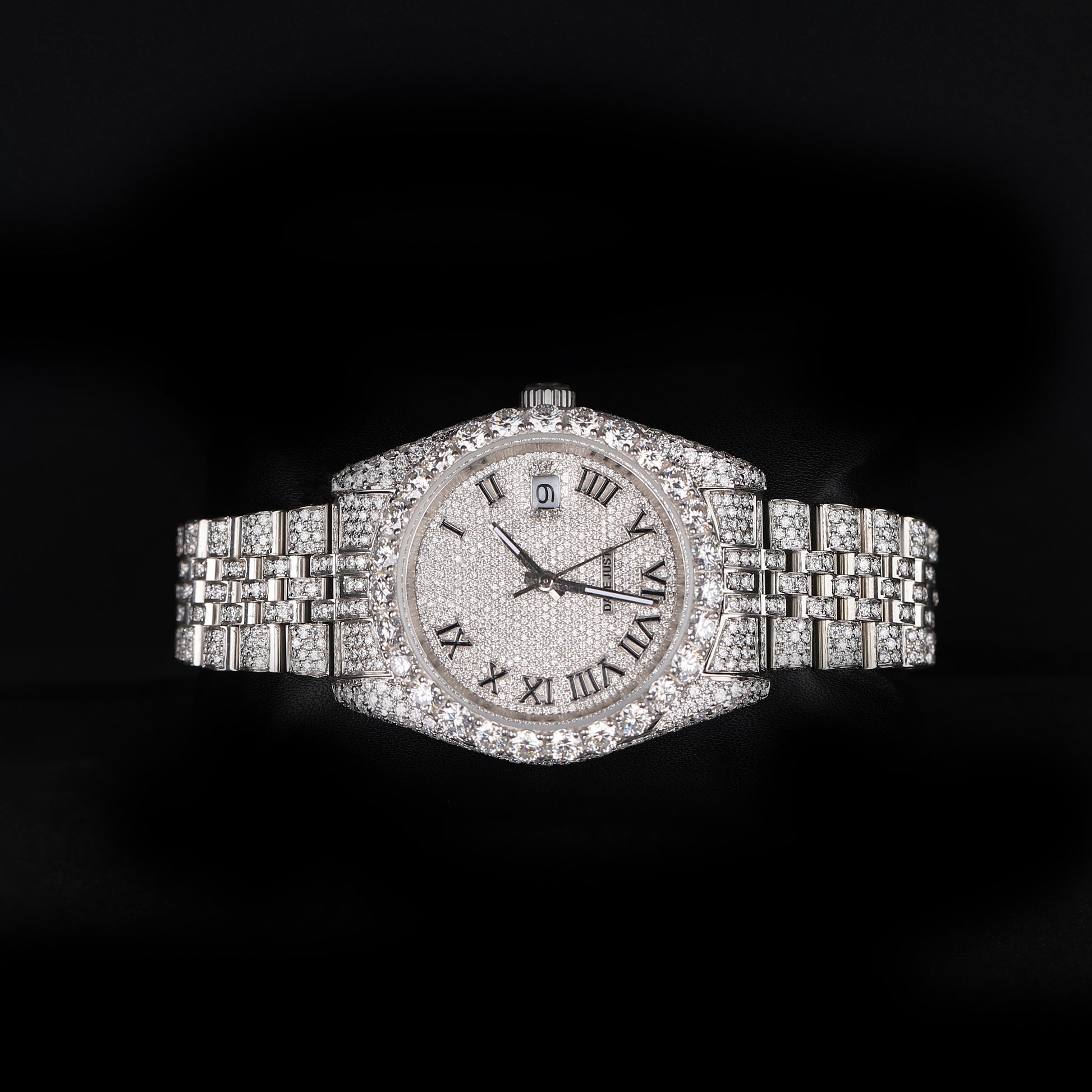 white diamond style wristwatch with iced bezel and premium finish