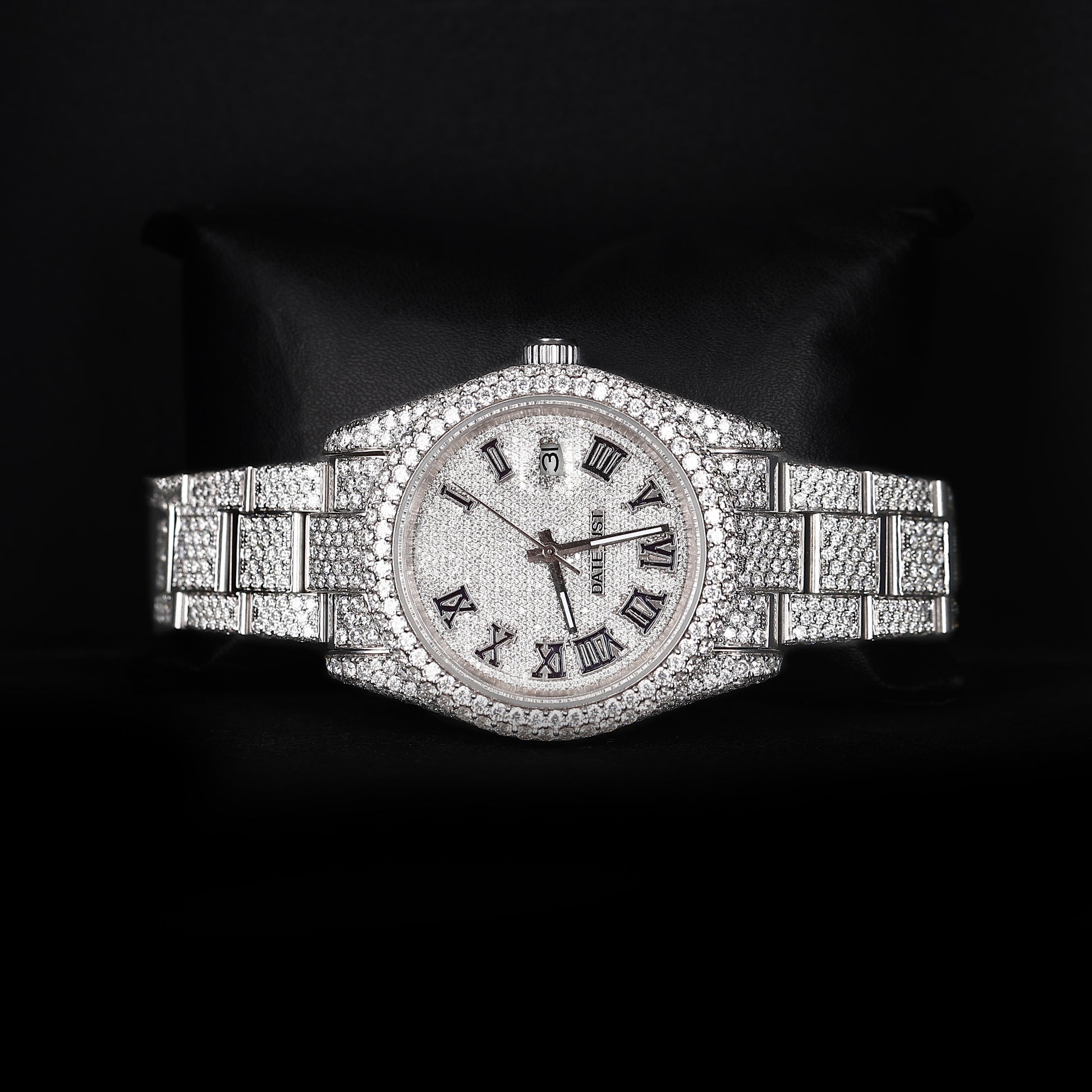 premium moissanite watch with round face and fully iced bracelet design