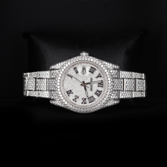 premium moissanite watch with round face and fully iced bracelet design