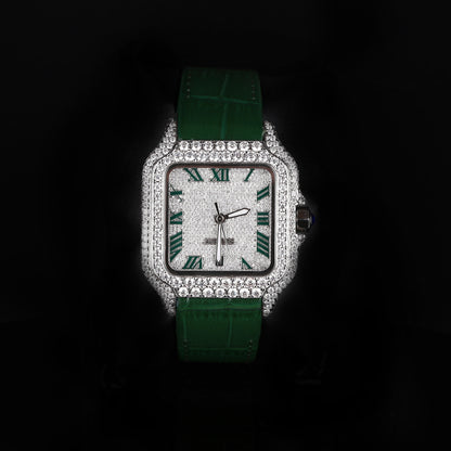 iced out square watch with green leather strap and roman numeral dial
