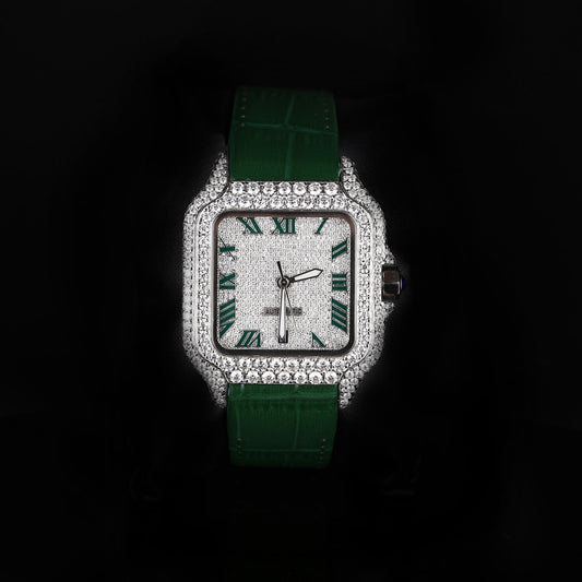 iced out square watch with green leather strap and roman numeral dial