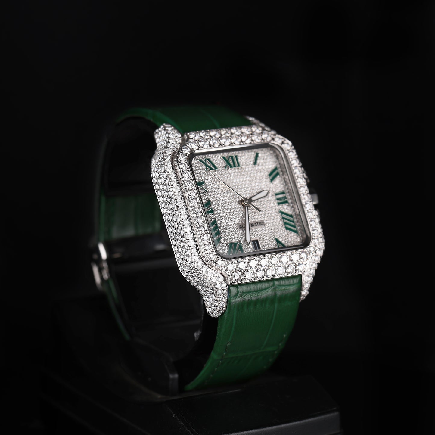 automatic watch with roman dial and green strap luxury style