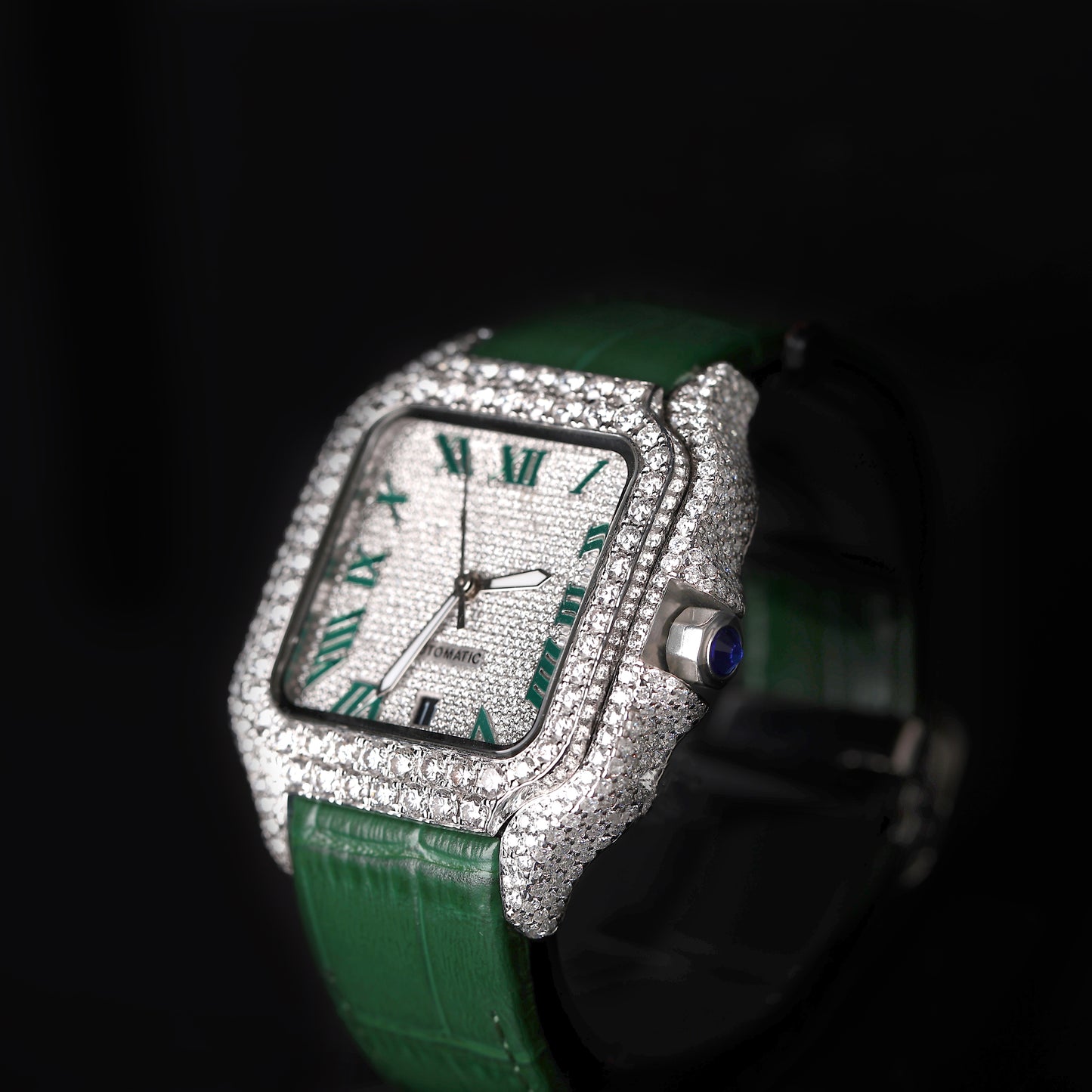 luxury moissanite watch with green strap and diamond style stones