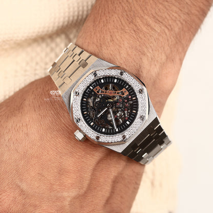 high end automatic skeleton watch with detailed inner movement