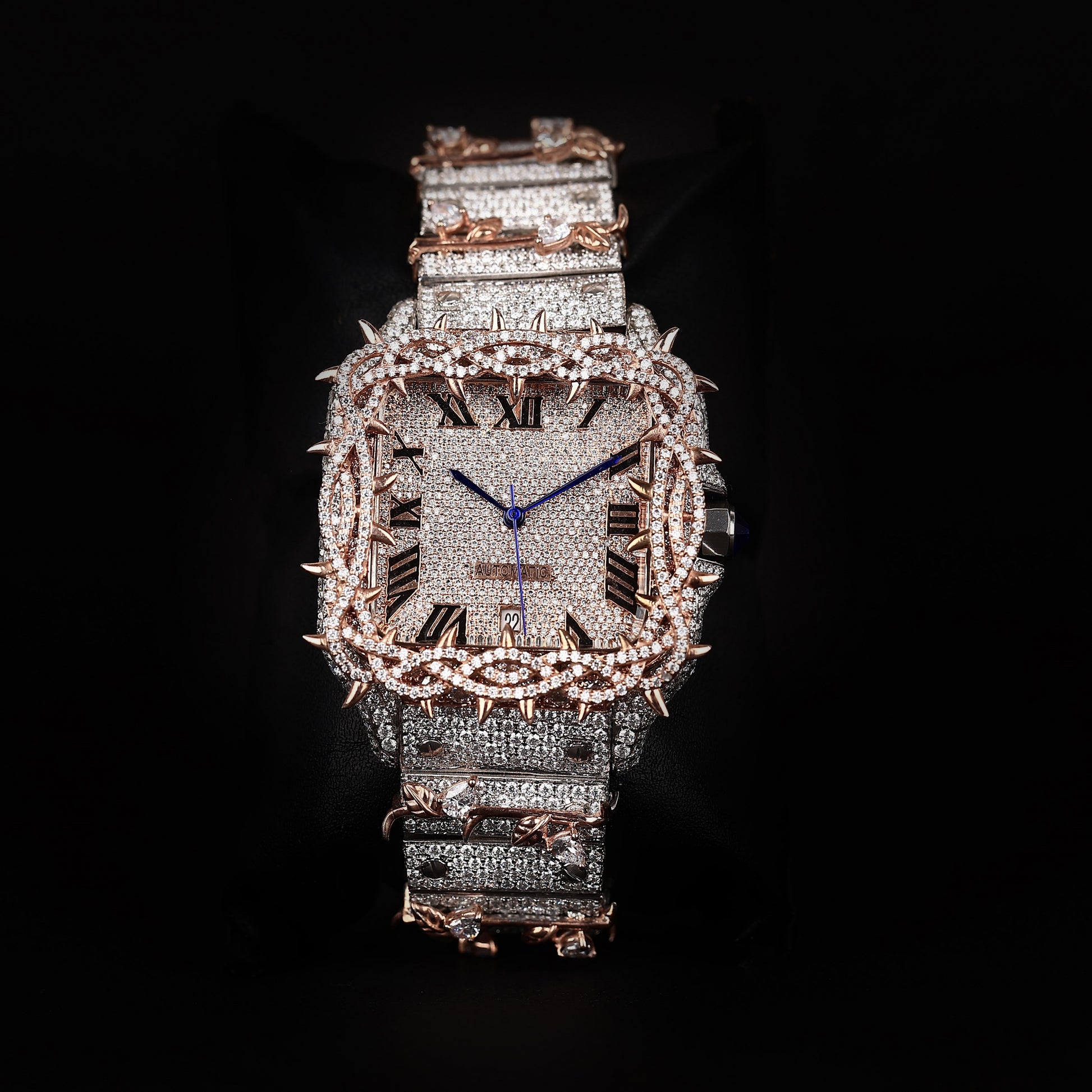 Luxury Iced Rose Two-Tone Spiked Bezel Watch Moissanite Diamond Premium Square Dial Wristwatch