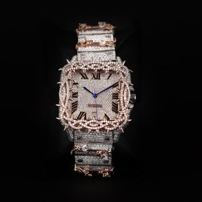 Luxury Iced Rose Two-Tone Spiked Bezel Watch Moissanite Diamond Premium Square Dial Wristwatch