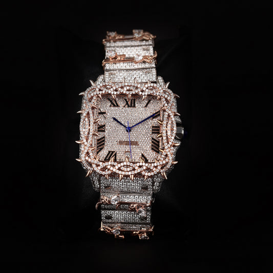 Luxury Iced Rose Two-Tone Spiked Bezel Watch Moissanite Diamond Premium Square Dial Wristwatch