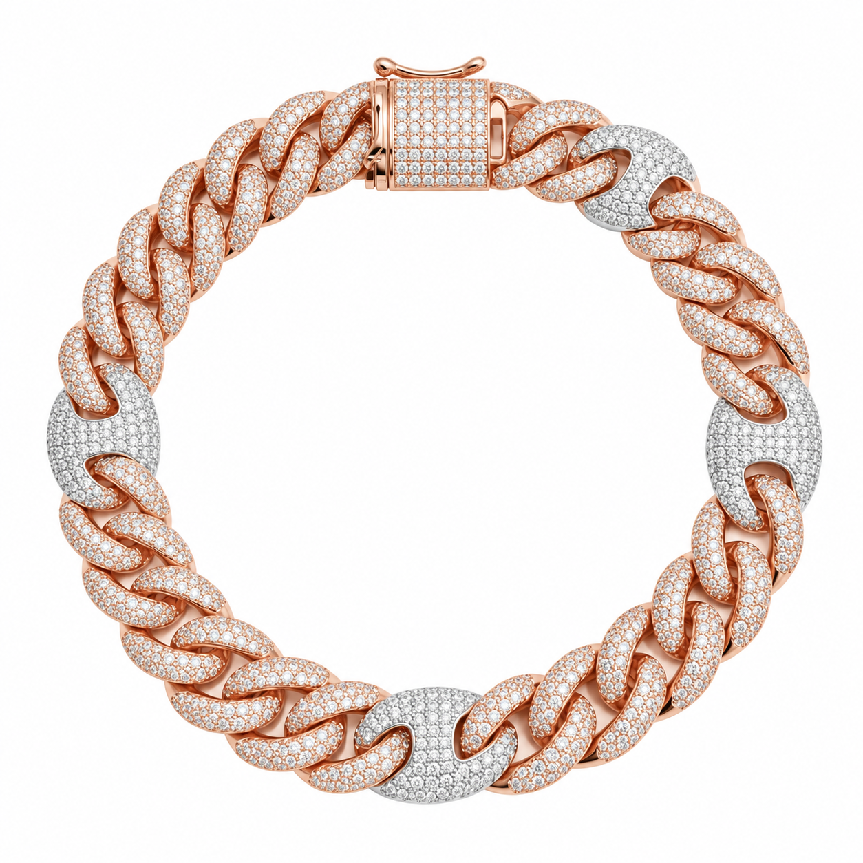 14mm Moissanite Pave Cuban Bracelet with Statement Links & Box Clasp