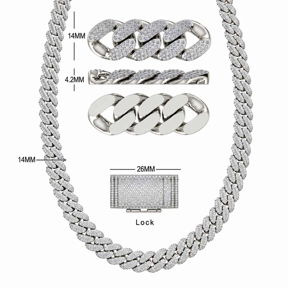 14mm Moissanite Diamond Fully Iced Three Row Cuban Link Chain