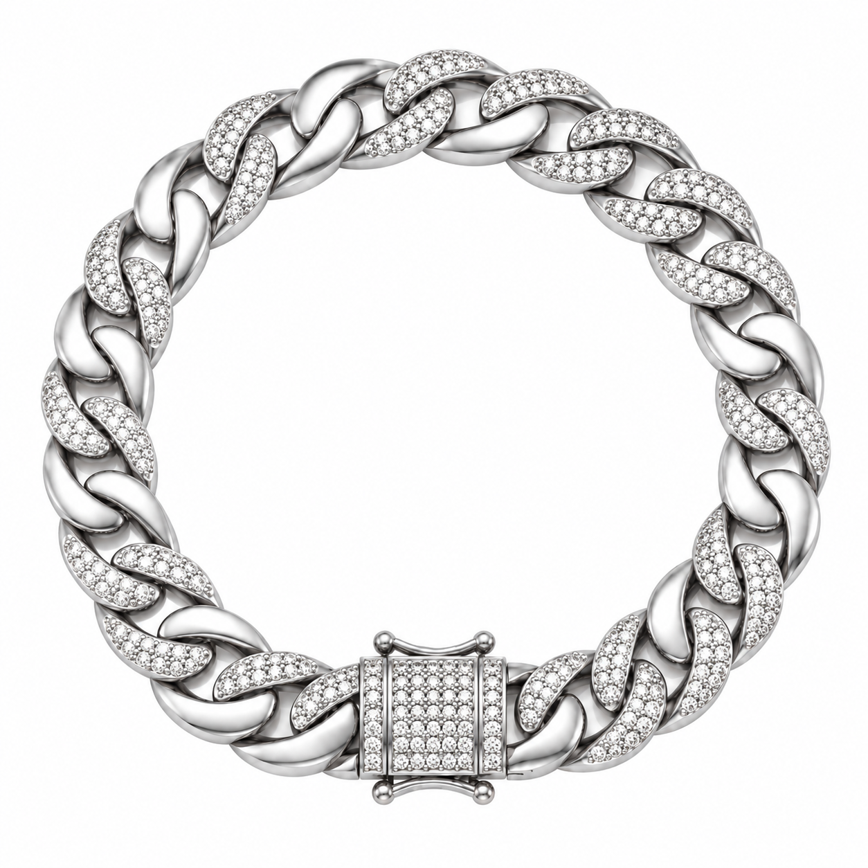 13mm Moissanite Alternating Pave Setting Cuban Link Bracelet